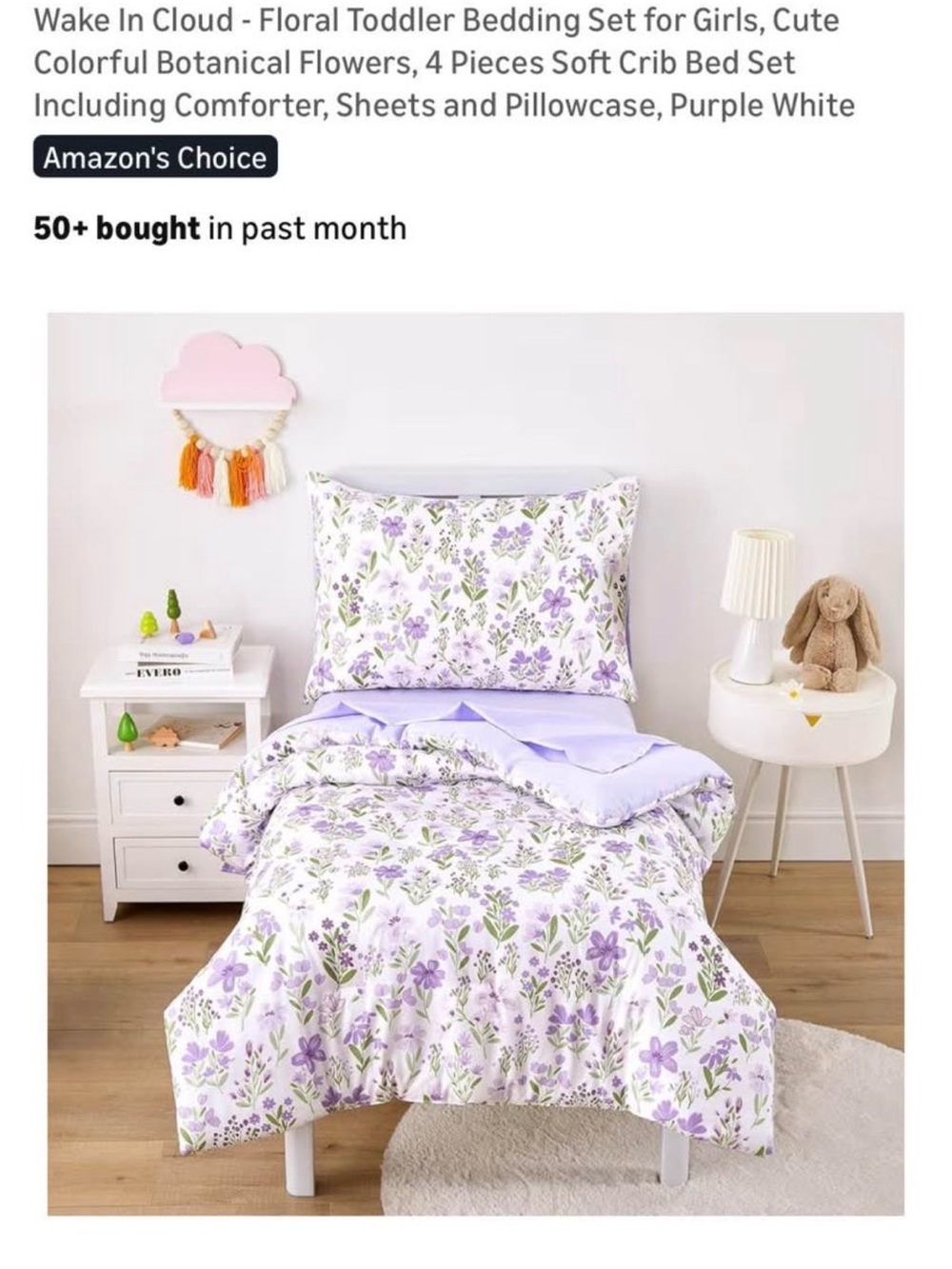 Floral Toddler Bedding Set in Purple and White
